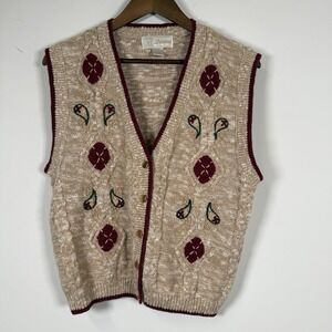 Women's‎ Vintage Sweater Vest Knit Stitch Paisley Size Large Tan